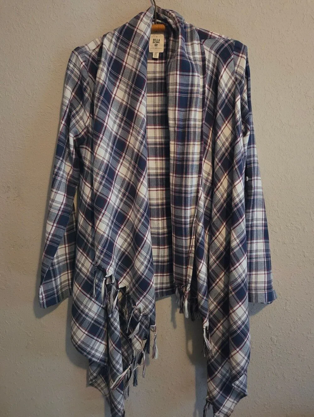 Billabong Navy Plaid Liv It Up Cardigan Flyaway Fringe Front Top - Picture 5 of 16